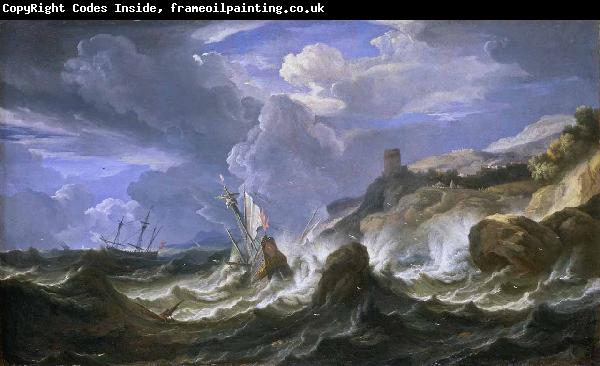 Pieter Meulener A ship wrecked in a storm off a rocky coast